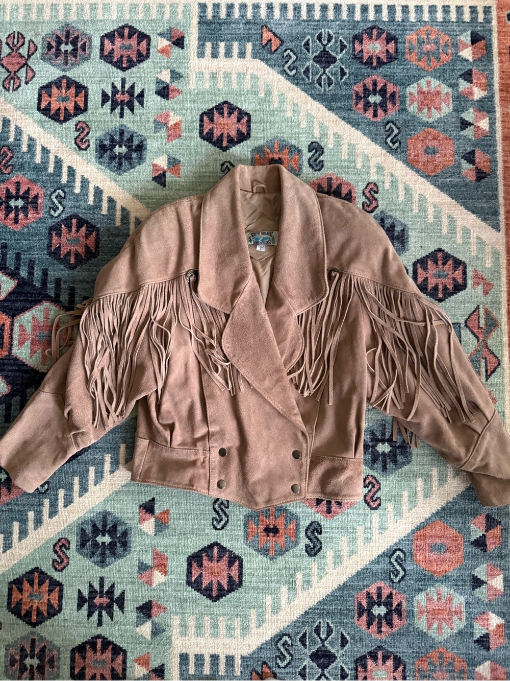 Sky Blue Waters Tan Suede Fringe Jacket, Vintage 80’s Suede Boho Western Jacket